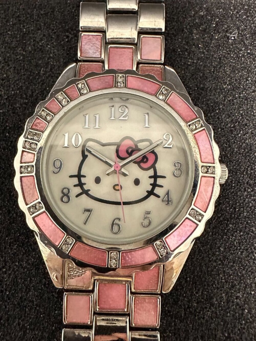 3/$30 Hello Kitty Watch Women Silver Tone Pink Shell Inlays 36MM 7.25" - Picture 2 of 13